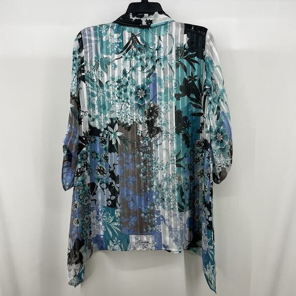 Chicos Size 1 Medium Asymmetrical Button Down Shirt Teal Blue Blouse Floral Top - Picture 6 of 9